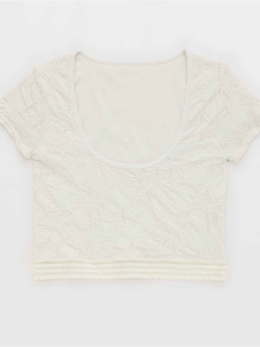 NWT AERIE Seamless Floral Lace Scoop Neck Cropped Tee White Festival Top Size L - Picture 3 of 8